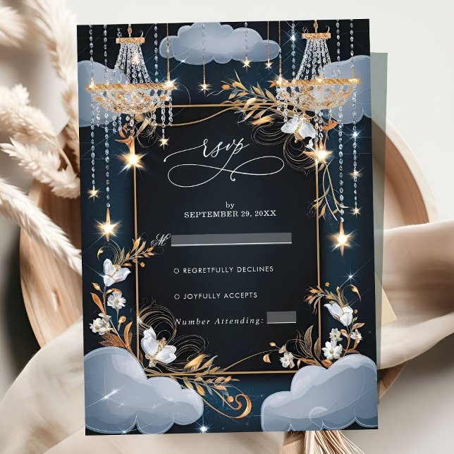 Cartons Réponse Mariage de lustre en or Chic Navy (Créateur téléchargé)