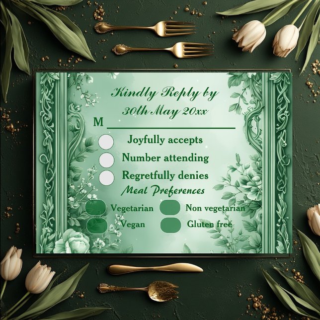 Cartons Réponse Mariage de luxe baroque au jardin rococo vert (Green Rococo Garden Grand Baroque Opulence Wedding RSVP Card)