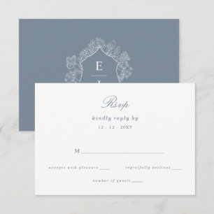 Cartons Réponse Mariage de monogramme de crête florale bleu-poussi