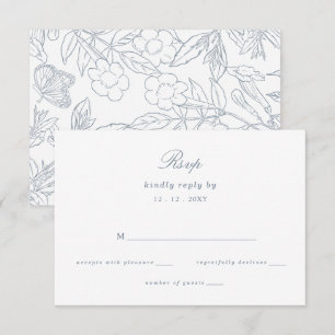 Cartons Réponse Mariage de monogramme de crête florale bleu-poussi