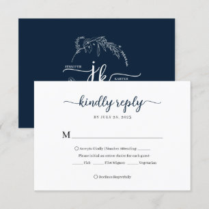 Cartons Réponse Mariage de monogramme floral bleu marine minimal