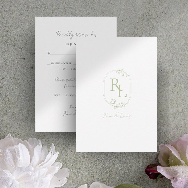 Cartons Réponse Mariage de monogramme floral vert et blanc (Créateur téléchargé)