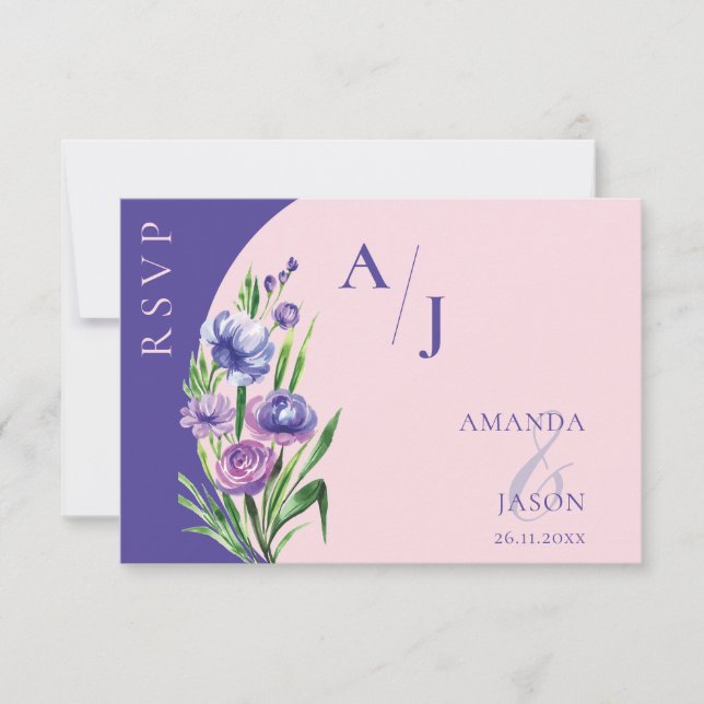 Cartons Réponse Mariage de monogramme flou rose et violet (Devant)