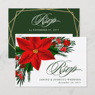 Cartons Réponse Mariage de Noël au poinsettia rouge et feuillage d