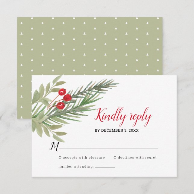 Cartons Réponse Mariage de Noël avec verdure festive (Devant / Derrière)
