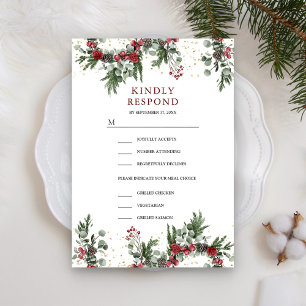 Cartons Réponse Mariage de Noël Floral Rouge Pin Rustique