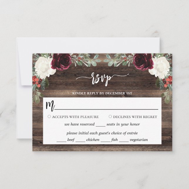 Cartons Réponse Mariage de Noël rustique en bois (Devant)