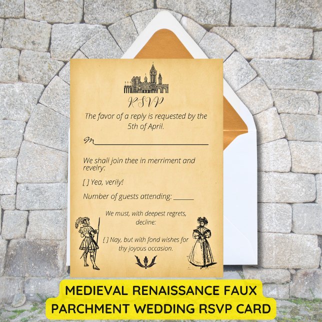 Cartons Réponse Mariage de parchemin de la Renaissance médiévale (Medieval Renaissance Faux Parchment Wedding RSVP Card)