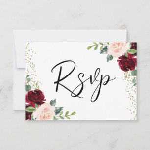 Cartons Réponse Mariage de Parties scintillant Bourgogne et Fleurs