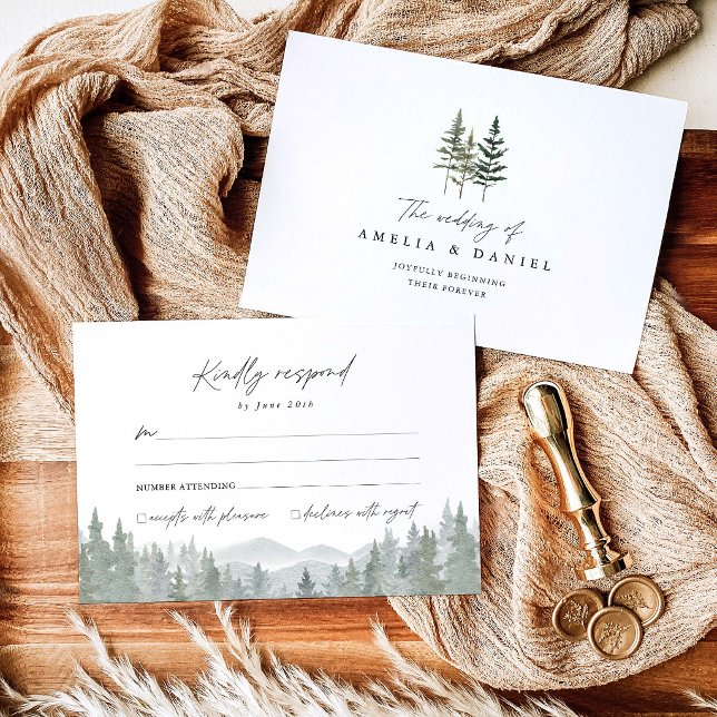 Cartons Réponse Mariage de pinède de montagne (Mountain forest wedding RSVP card, sage green pine tree woodland wedding stationery, neutral rsvp)