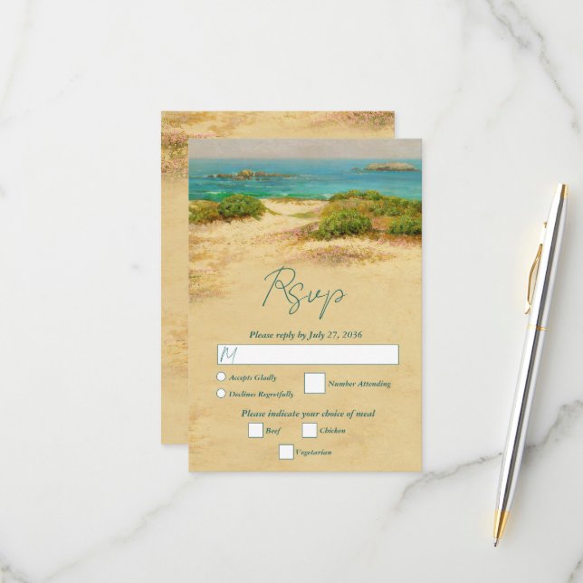 Cartons Réponse Mariage de plage côtière à l'aquarelle (Devant/Arrière en situation)