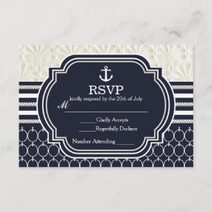 Cartons Réponse Mariage de plage élégant Nautique, marine et blanc