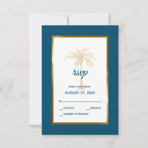 Cartons Réponse Mariage de plage Tropical Ocean Blue Gold Palm Tre