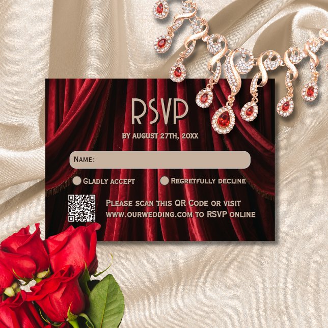 Cartons Réponse Mariage de Première sur Tapis Rouge de Film Hollyw (Front view high fashion red velvet VIP glam – Red Carpet Wedding RSVP Card)