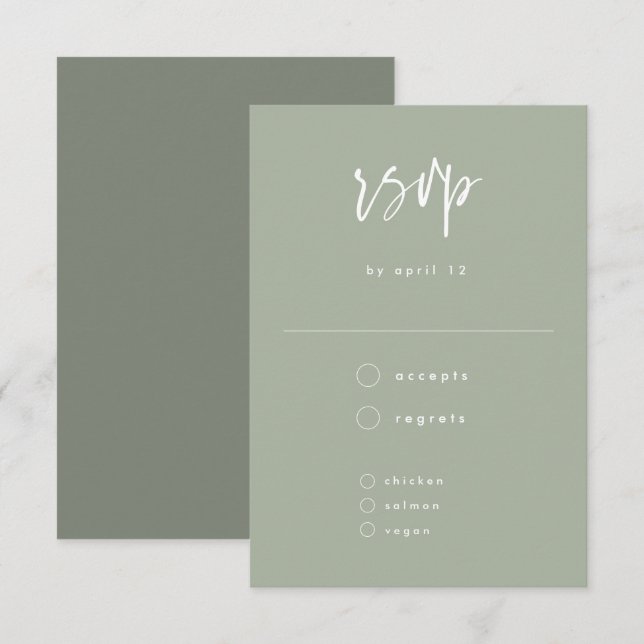 Cartons Réponse Mariage de script manuscrit minimal vert Sage (Devant / Derrière)