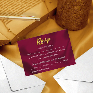 Cartons Réponse Mariage de script simple Bourgogne et or élégant