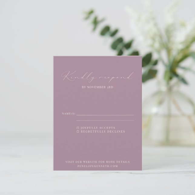 Cartons Réponse Mariage de script violet classique élégant Dusty (Debout devant)