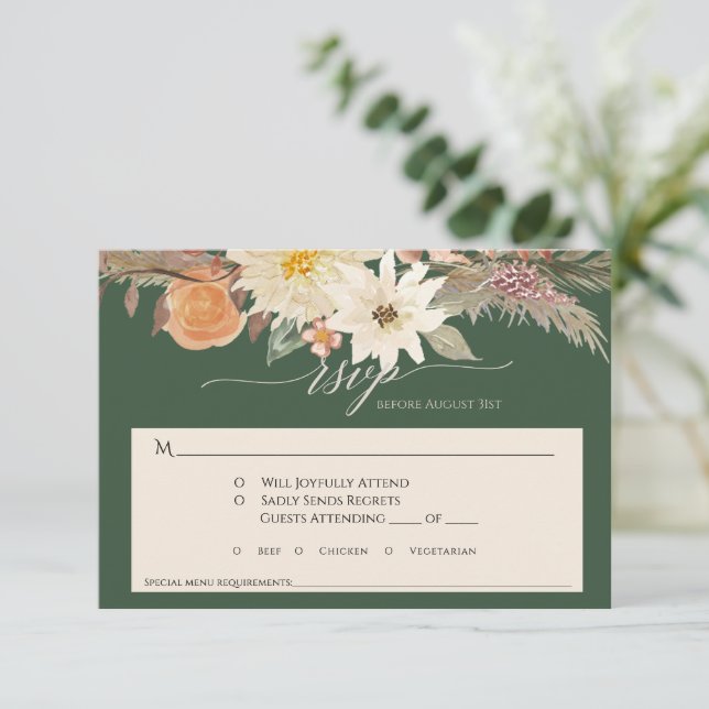 Cartons Réponse Mariage de style bohème chic avec fleurs de forêt  (Debout devant)