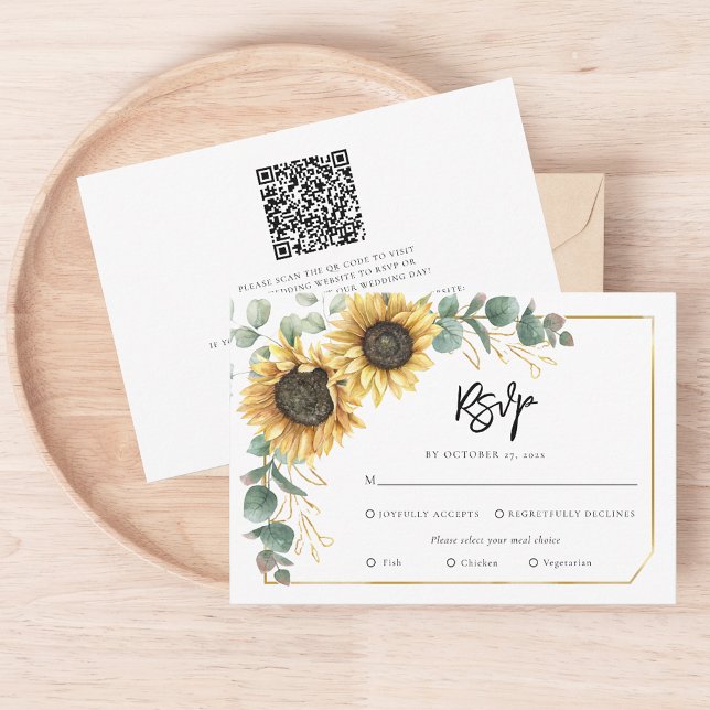 Cartons Réponse Mariage de tournesol à script botanique floral (Floral Sunflower Eucalyptus Greenery Wedding Enclosure RSVP Card)