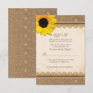 Cartons Réponse Mariage de tournesol de dentelle de Burlap rustiqu