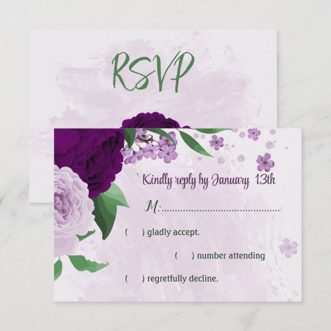 Cartons Réponse Mariage de verdure aux fleurs violettes (Devant / Derrière)