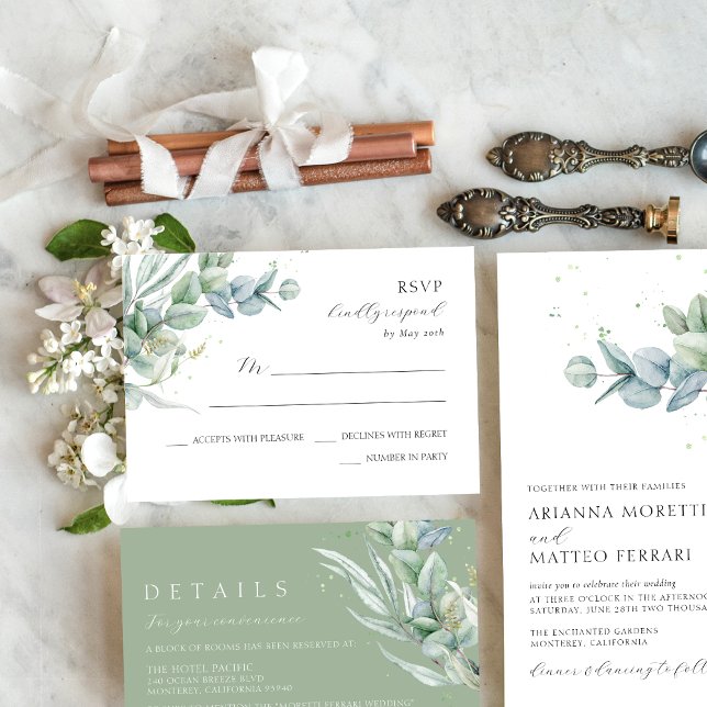 Cartons Réponse Mariage de verdure simple et élégant (Simple, sage green, modern wedding RSVP card with eucalyptus greenery)