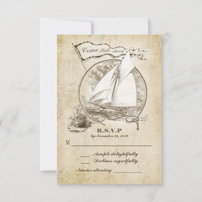 Cartons Réponse Mariage de voilier Nautique RSVP-Come Voile Away (Devant)