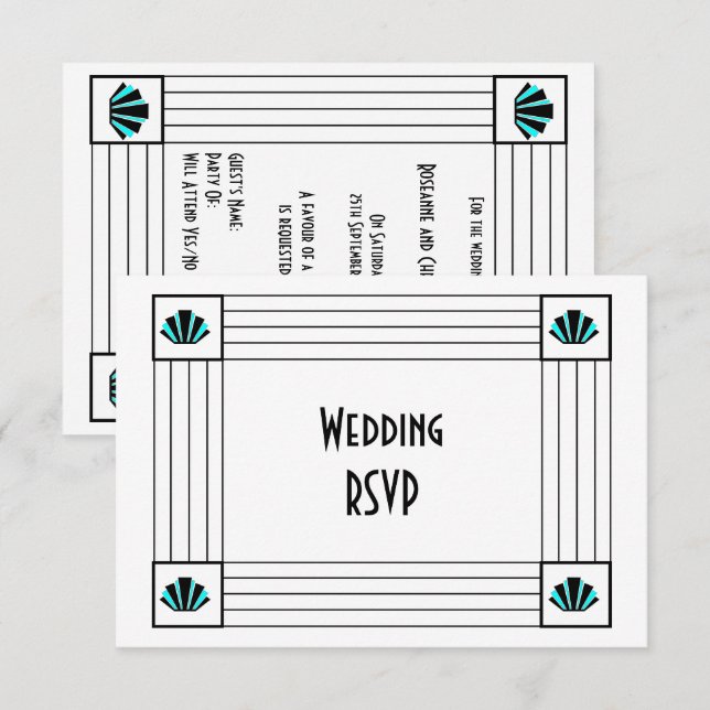 Cartons Réponse Mariage design Art déco bleu (Devant / Derrière)