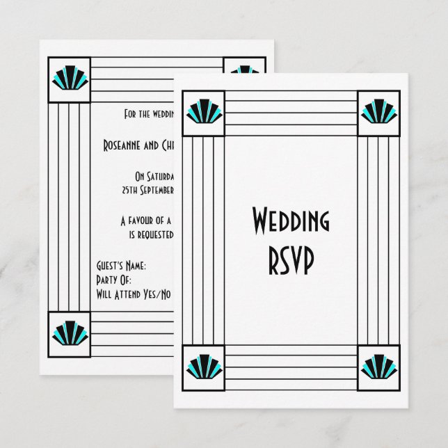 Cartons Réponse Mariage design Art déco bleu (Devant / Derrière)