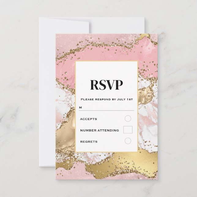 Cartons Réponse Mariage Design Marbre Rose Or Luxe (Devant)