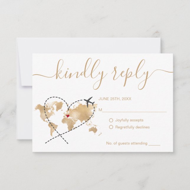 Cartons Réponse Mariage Destination Passport Gold World Map Invita (Devant)