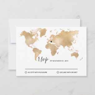 Cartons Réponse Mariage Destination World Map Gold Removable Heart