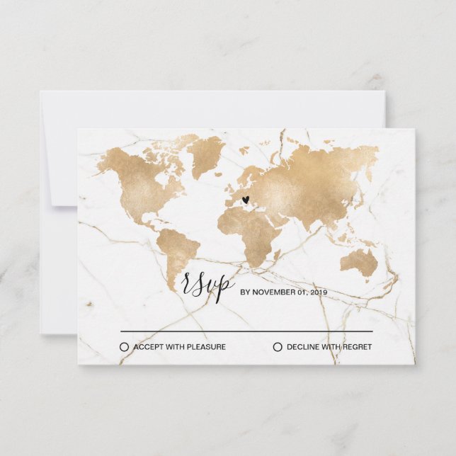Cartons Réponse Mariage Destination World Map Gold Removable Heart (Devant)