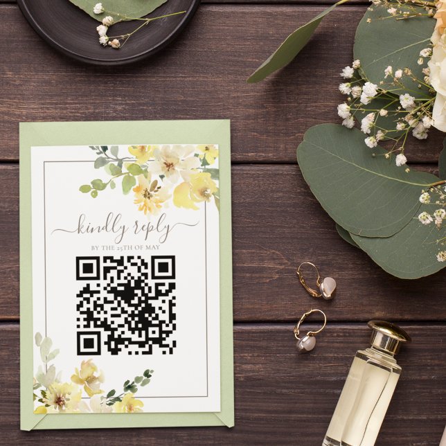 Cartons Réponse Mariage d'été Délicat Yellow Floral Sage QR Code (Créateur téléchargé)