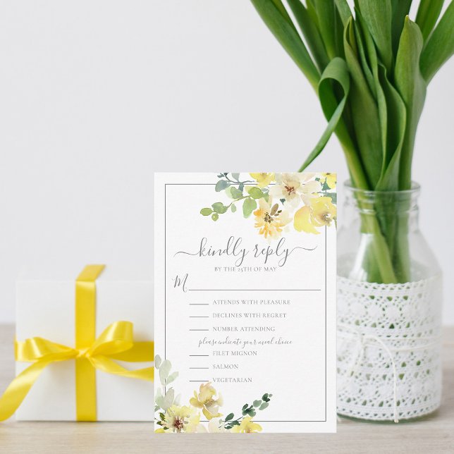 Cartons Réponse Mariage d'été Delicic Jaune Floral Sage Vert (Créateur téléchargé)