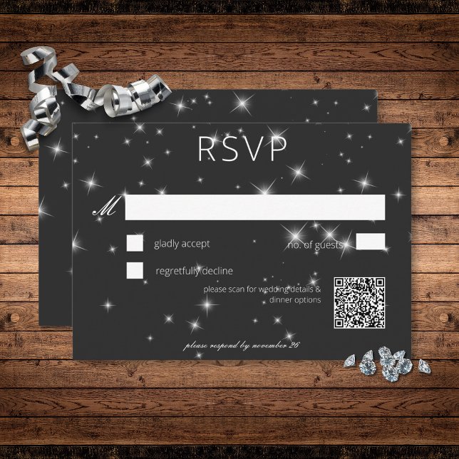 Cartons Réponse Mariage d'étincelle d'hiver noir au charbon modern (Modern Charcoal Black Winter Sparkle Wedding RSVP Card)
