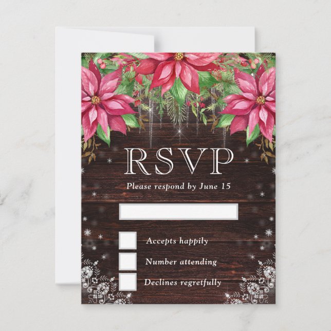 Cartons Réponse Mariage d'hiver au bois rustique et aux poinsettia (Devant)