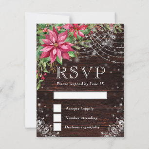 Cartons Réponse Mariage d'hiver au bois rustique et poinsettia