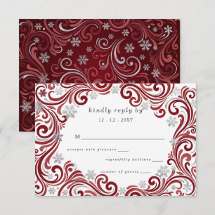 Cartons Réponse Mariage d'hiver aux flocons de neige rouge argent