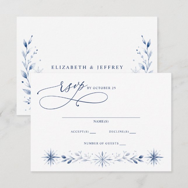 Cartons Réponse Mariage d'hiver bleu flocons de neige Monogramme é (Devant / Derrière)