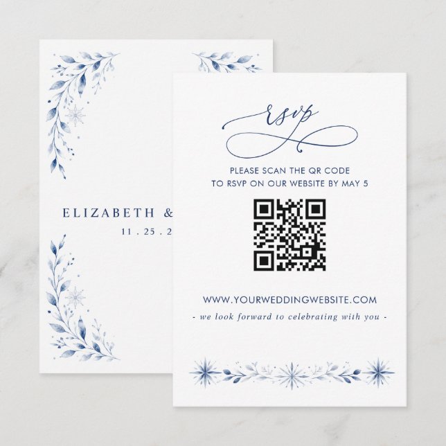 Cartons Réponse Mariage d'hiver bleu flocons de neige QR CODE (Devant / Derrière)