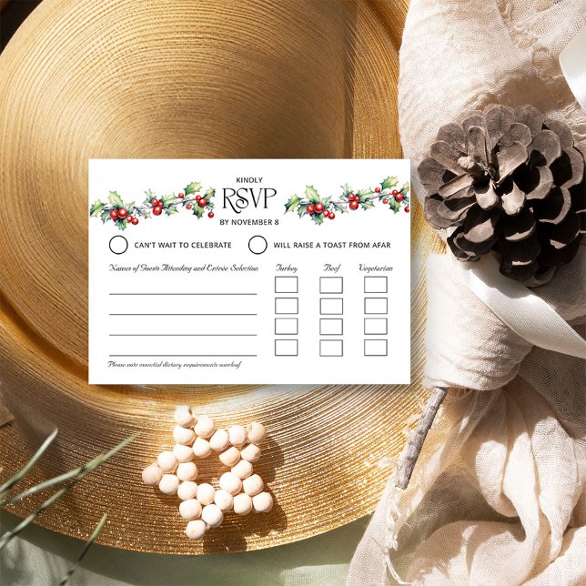 Cartons Réponse Mariage d'Hiver Entrée de Holly et Baies Rouges (RSVP with Entree Selection from the Holly Bells Wedding Collection by Darling & May)