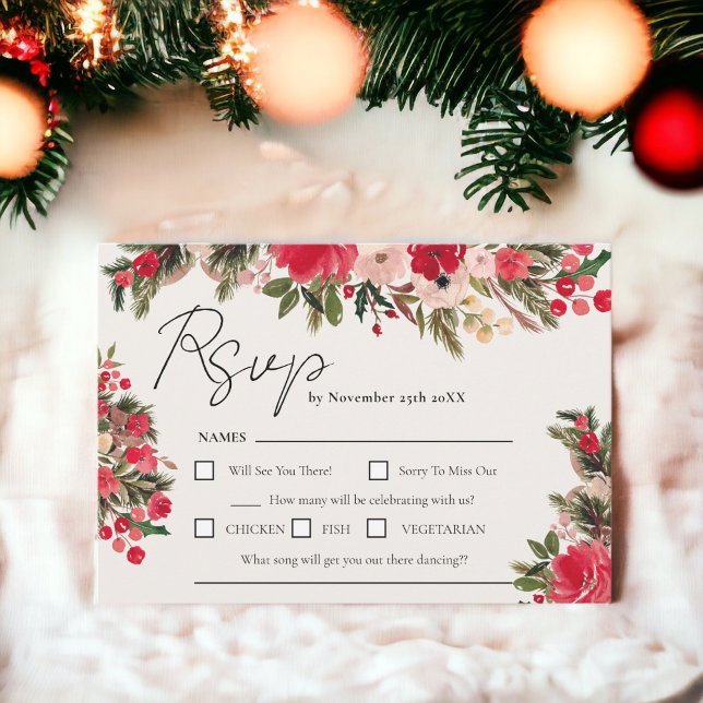 Cartons Réponse Mariage d'hiver rustique rouge vert floral (Rustic Red green Floral Winter Wedding RSVP Card)