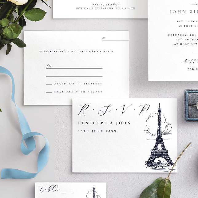 Cartons Réponse Mariage d'illustrations de la tour Eiffel à script (Classic Script Eiffel Tower Illustration Wedding RSVP Card)