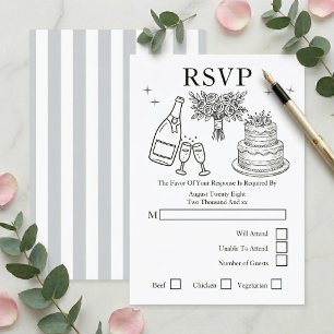 Cartons Réponse Mariage Doodles Fantaisistes Gris et Blanc