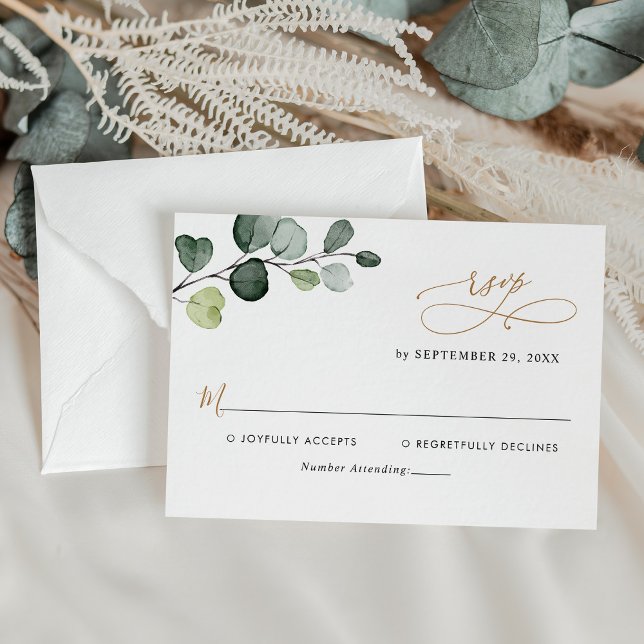 Cartons Réponse Mariage d'or simple Feuille Eucalyptus (Créateur téléchargé)