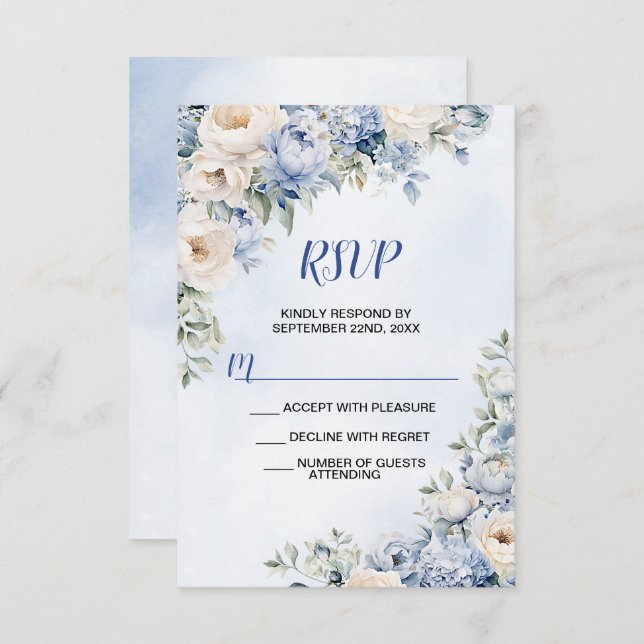 Cartons Réponse Mariage Dusty Blue Watercolor Fleurs d'ivoire Feui (Devant / Derrière)