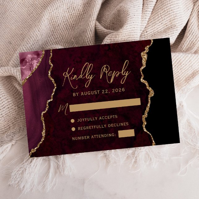 Cartons Réponse Mariage écriture dorée agate rouge de Bourgogne (Créateur téléchargé)
