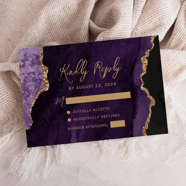 Cartons Réponse Mariage écriture dorée Agate Violet (Créateur téléchargé)