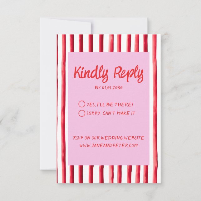 Cartons Réponse Mariage écriture manuscrite rose et rouge rayée (Devant)
